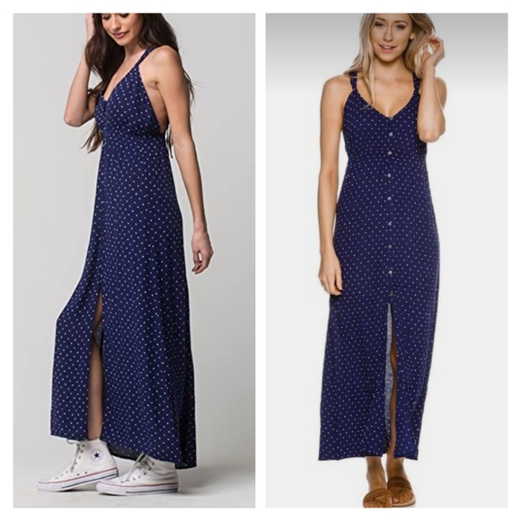 Billabong Dresses & Skirts - Billabong First Dreamer Ruffle Maxi Dress Polka Dots Print Open Back Size XS